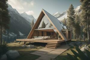 AI generated modern cozy chalet with pool and parking for sale or rent. Luxury house in the forest. ai generative photo