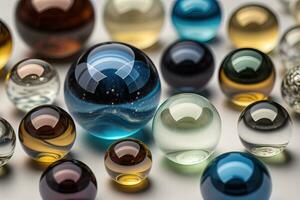 AI generated Colorful glass marbles on a the table. Selective focus. ai generative photo