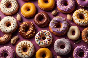 AI generated Variety of donuts on a solid color background. Top view. ai generative photo