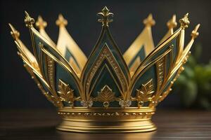 AI generated low key image of beautiful golden queen, king crown. ai generative photo