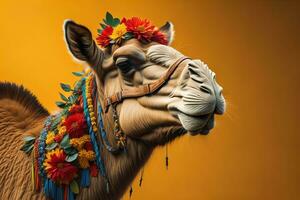 AI generated Camel head on solid color background, close up. Vintage style. ai generative photo