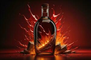 AI generated Bottle of wine with fire and splashes on red background. generative ai photo