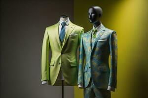 AI generated Stylish suits on mannequins on solid color background, closeup. ai generative photo