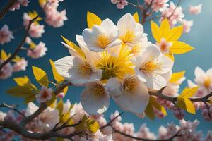 ai generado Cereza florecer sakura flor en azul cielo fondo, ai generativo foto