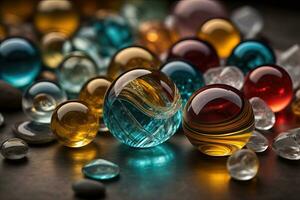 AI generated Colorful glass marbles on a the table. Selective focus. ai generative photo