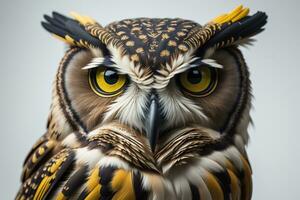 AI generated Owl with yellow eyes. Isolated on a white background. generative ai photo