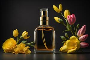 AI generated Perfume bottle with yellow tulips on a dark background. generative ai photo