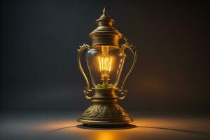 AI generated Lantern with light bulb on dark background. Vintage style. generative ai photo