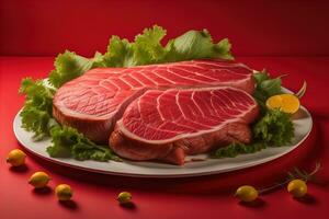 AI generated Raw beef sirloin steak with ingredients for cooking on wooden background. ai generative photo