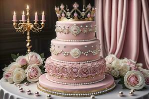 AI generated Wedding cake decorated with pink roses and gold crown on the table. ai generative photo