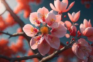AI generated cherry blossom sakura flower on blue sky background, ai generative photo