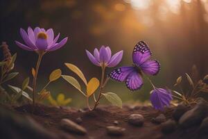 AI generated Purple crocus flowers with a butterfly on the ground in the forest. generative ai photo