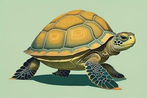 ai generado ilustración de un Tortuga en un verde antecedentes en dibujos animados estilo. ai generativo foto