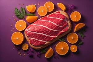 AI generated Fresh raw meat with orange slices on a purple background, top view. generative ai photo