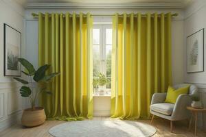 ai generado interior de moderno vivo habitación con amarillo cortinas, generativo ai foto