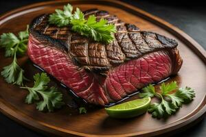 AI generated Grilled beef steak with parsley and lime on a wooden plate. generative ai photo