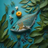 AI generated Flat lay composition with fresh fish, flowers and fruits on blue background. generative ai photo