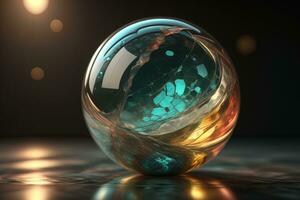 AI generated Transparent crystal ball on a wooden table. ai generative photo