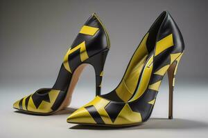 AI generated Black and yellow high heel shoes on a gray background. generative ai photo