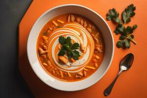 AI generated Vegetable soup in a bowl on wooden background. ai generative photo