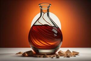 AI generated Glass decanter with cognac or brandy on orange background. generative ai photo