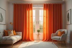 ai generado interior de moderno vivo habitación con ventana y vistoso cortinas ai generativo foto