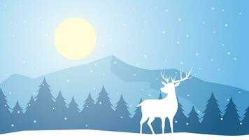 Winter silhouette landscape vector illustration. Scenery of reindeer silhouette in the pine forest snow hill. Cold season landscape for illustration, background or wallpaper