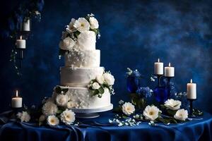 AI generated a wedding cake on a blue cloth with candles photo