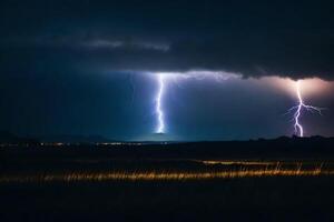 AI generated lightning strikes over a field at night photo