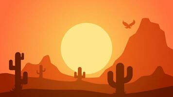 Desierto paisaje vector ilustración. paisaje de rock Desierto con cactus y rebaño de aves en puesta de sol. salvaje Oeste Desierto paisaje para ilustración, antecedentes o fondo de pantalla