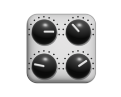 The isolated silver square audio mixing console 3D icon with four black control knobs, button, white pointers and scale markings png
