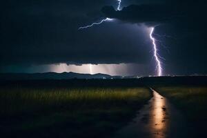 AI generated lightning over a road in the middle of a field photo