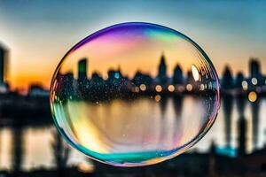 AI generated a soap bubble with a city in the background photo
