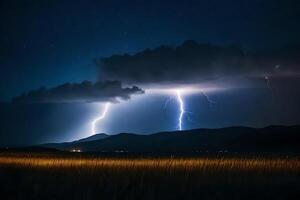 AI generated lightning over a field with mountains in the background photo