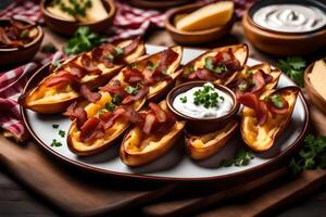 AI generated bacon and cheese on a plate with other foods photo