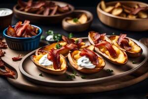 AI generated bacon and potato skins on a wooden board photo