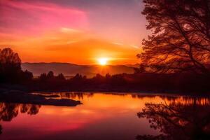 AI generated the sun sets over a lake with trees and mountains photo