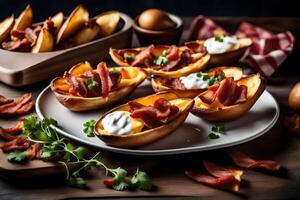 AI generated baked potatoes with bacon and sour cream photo