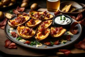 AI generated baked potatoes with bacon and cheese on a plate photo