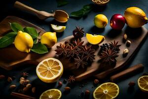 AI generated lemon, anise, cinnamon, star anise, cloves, and other spices on a photo