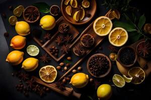 AI generated lemon, cinnamon, cloves, cinnamon sticks, anise, cloves, cinnamon, anise photo