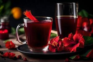 AI generated red tea with hibiscus flowers photo