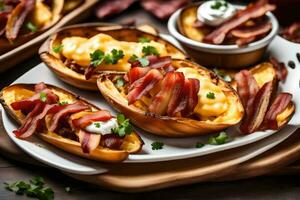 AI generated bacon and cheese stuffed potatoes on a plate photo
