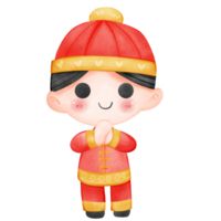 Cute traditional Chinese boy in greeting pose watercolor digital clipart png