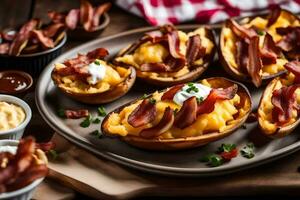 AI generated bacon and cheese stuffed potatoes on a plate photo