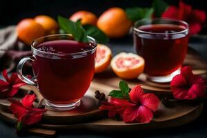 AI generated two glasses of tea with red grapefruit and hibiscus flowers photo
