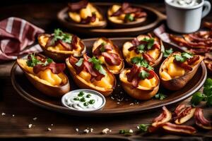 AI generated baked potatoes with bacon and cheese on a wooden plate photo