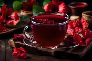 ai generado rojo té con hibisco flores en un de madera mesa foto