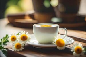 ai generado un taza de té con margaritas en un de madera mesa foto