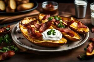 ai generado tocino y queso patatas en un plato foto